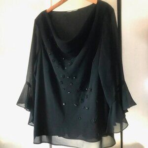 Dressbarn Black Sheer, 3/4 ruffle sleeve, sewed on flowers applique Blouse 24W
